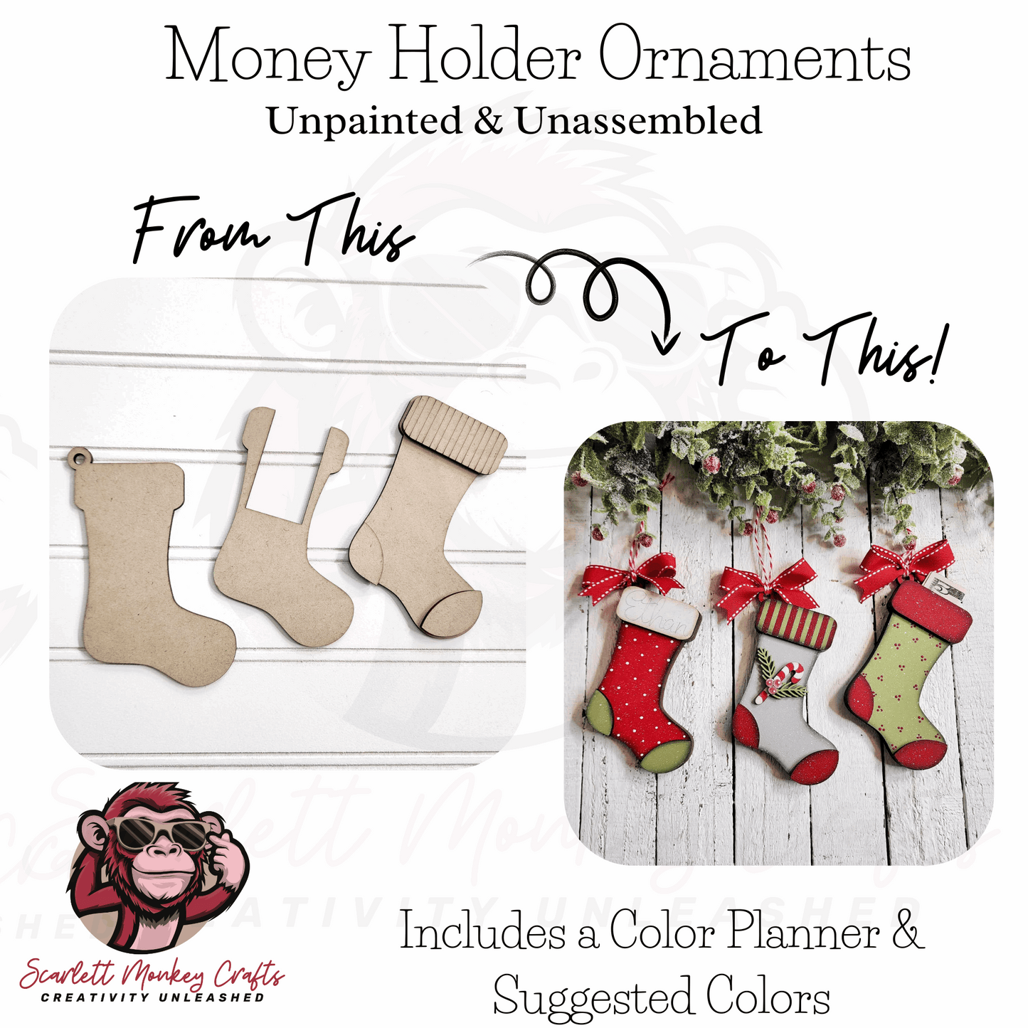 Paintable wood project stocking ornaments with money holder, unpainted and unassembled set of 3.