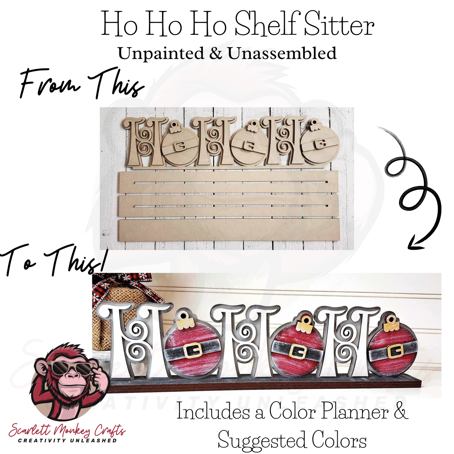 Paintable wood project standing Ho Ho Ho with unassembled and painted examples, craft kit.