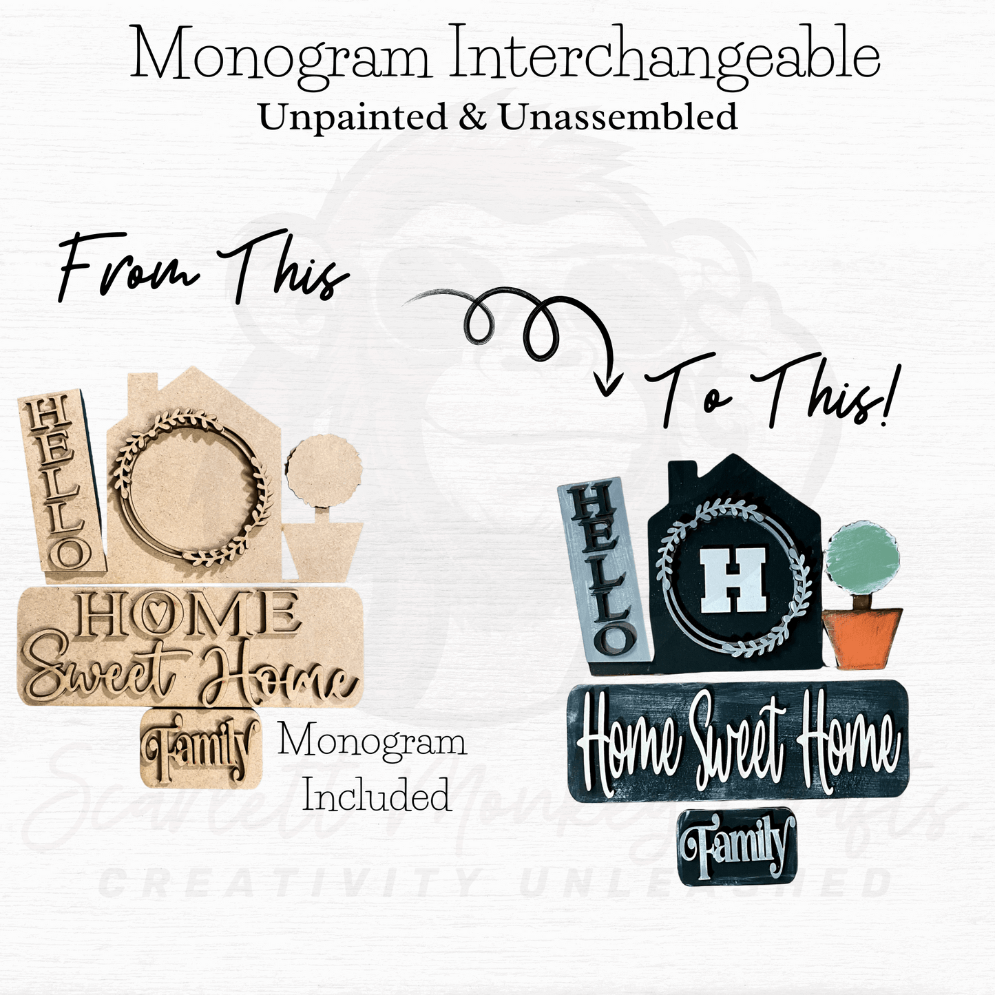 Paintable wood project with interchangeable monogram for customizable home decor display.