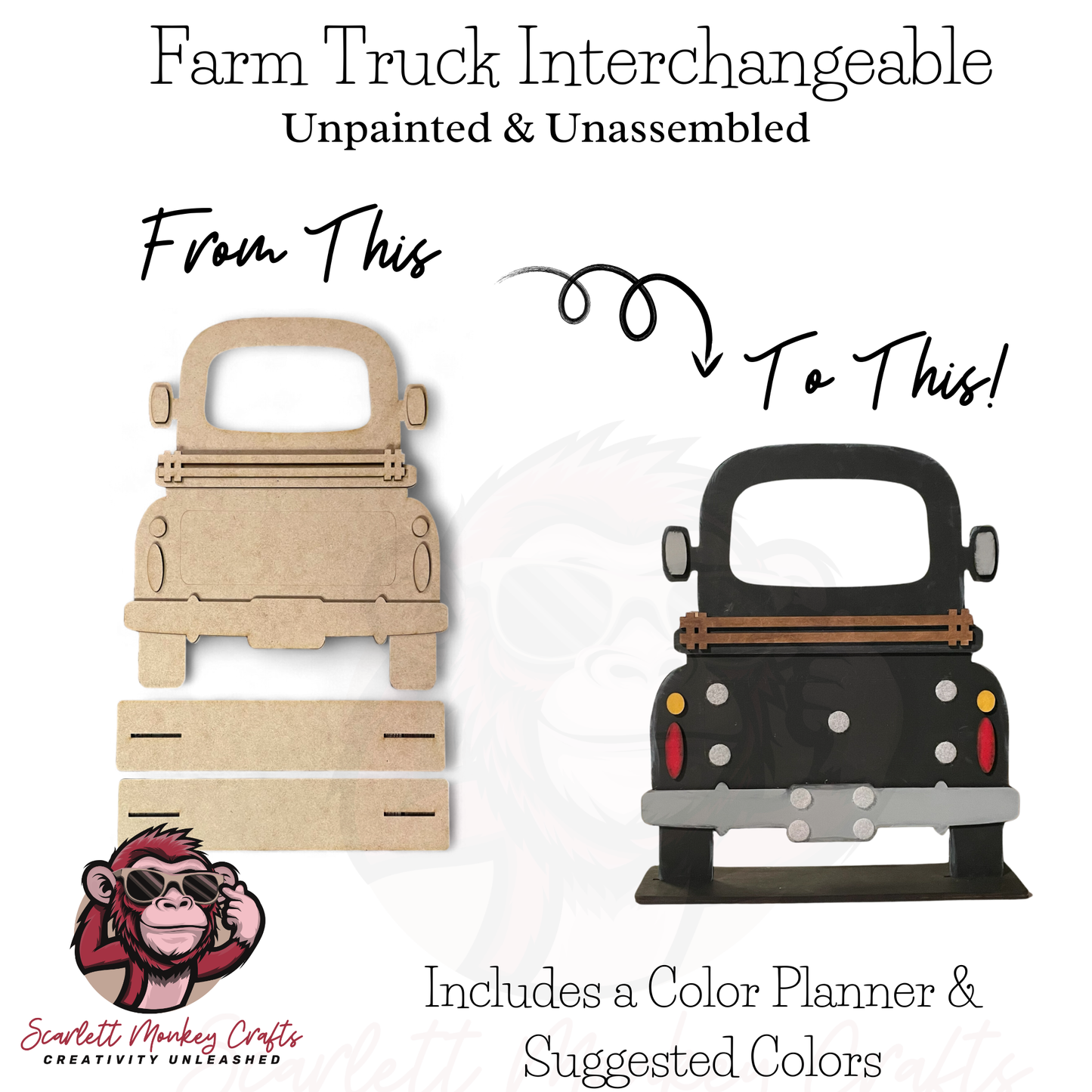 Paintable wood project farm truck interchangeable base unassembled and color planner included.