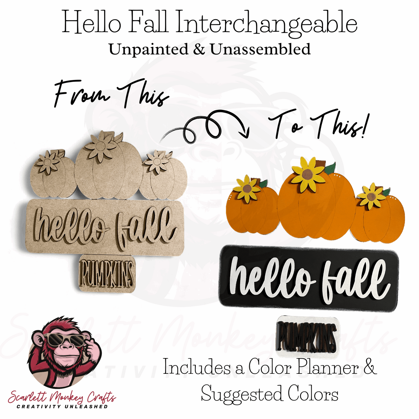 Paintable wood project with interchangeable 'Hello Fall' decorations, featuring pumpkins and flowers for autumn home decor.