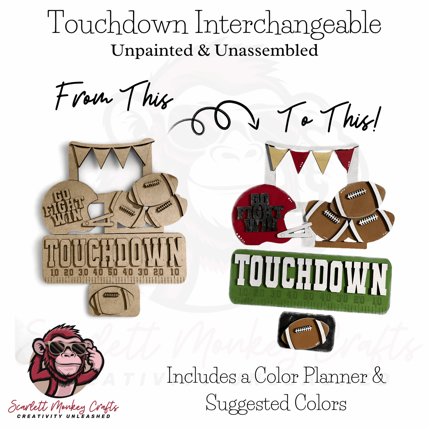 Paintable wood project showing customizable touchdown interchangeable kit with football theme design.