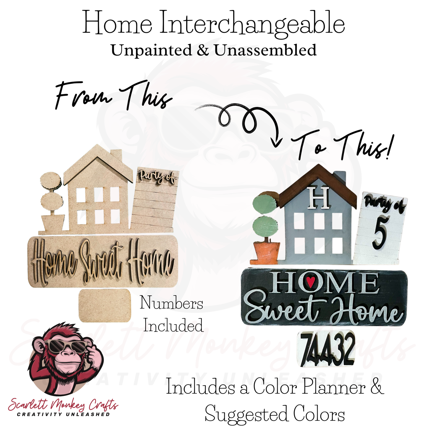 Paintable wood project "Home Sweet Home" interchangeable kit with MDF cutouts and Velcro attachments.