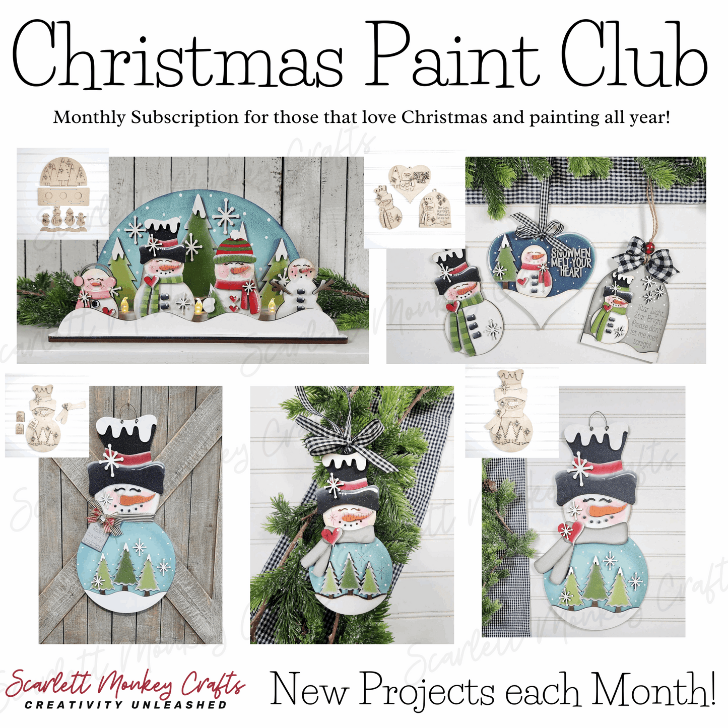 Christmas Paint Club monthly subscription projects display.
