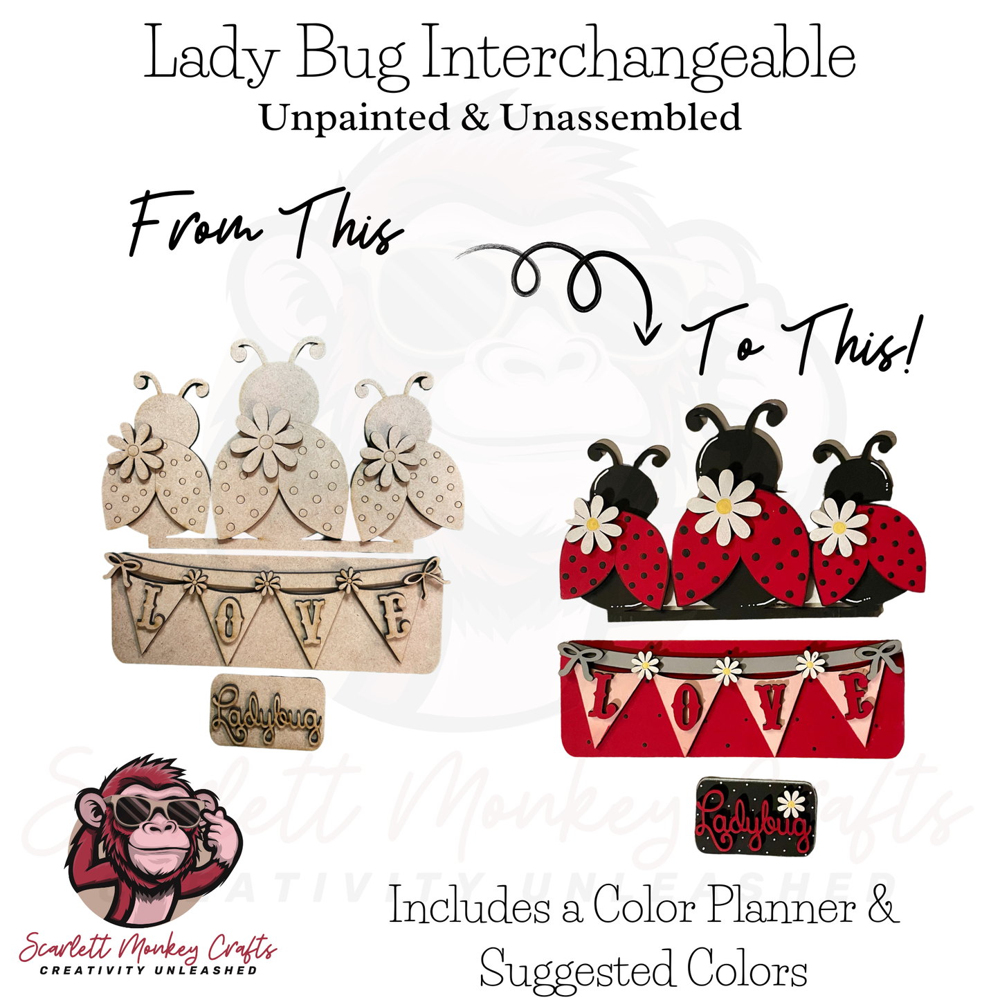 Paintable Farm Truck Interchangeable Starter Bundle with ladybug interchangeable pieces, unpainted and painted versions.