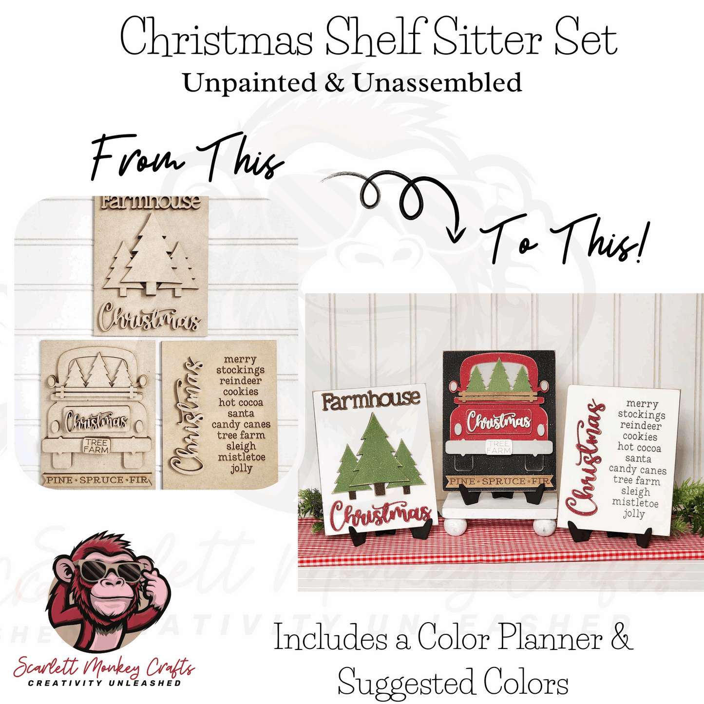 Paintable wood project kit for Christmas shelf sitter set, unpainted and unassembled.
