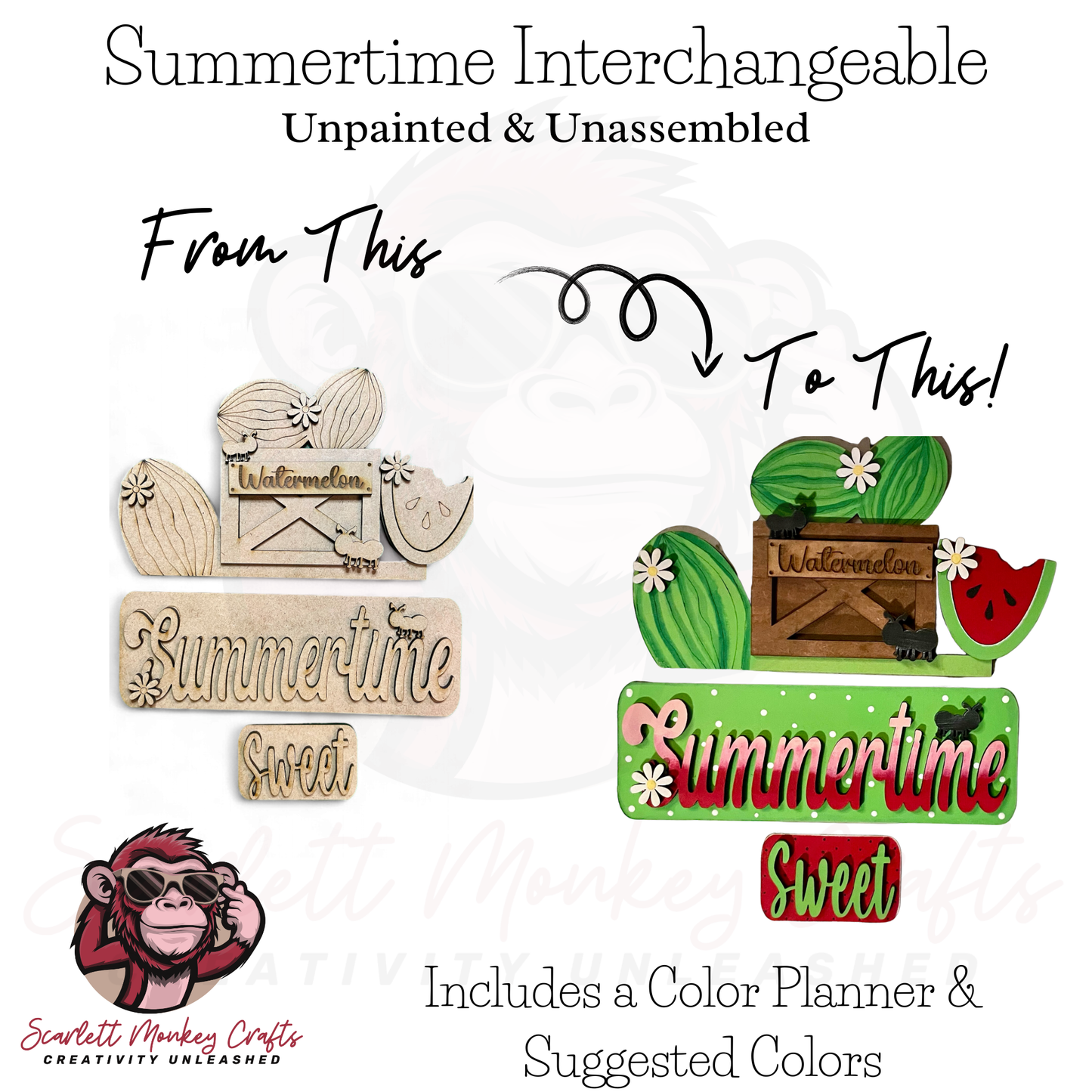Paintable Farm Truck Interchangeable Starter Bundle with unassembled wooden pieces and suggested colors.
