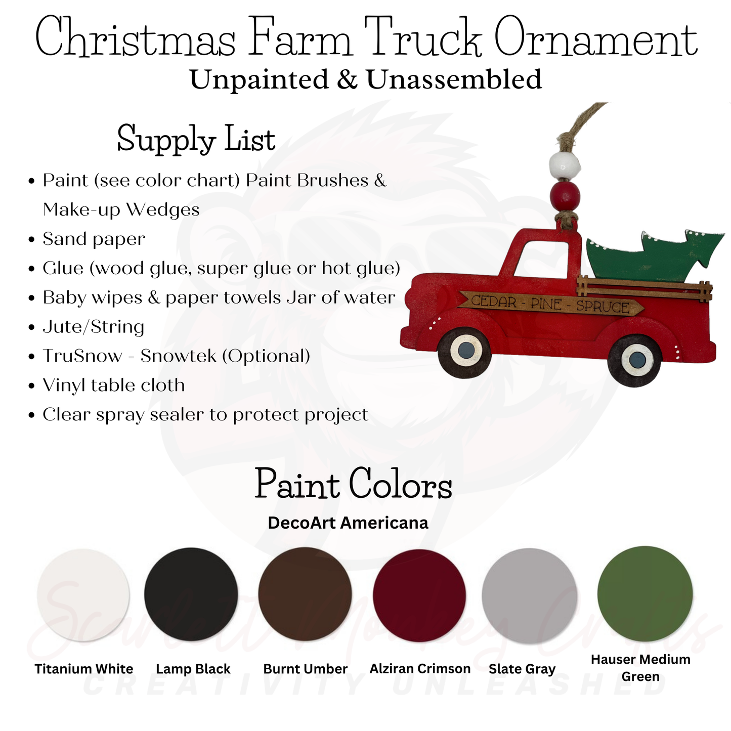 Paintable wood project, Christmas farm truck ornament, DIY holiday craft kit.