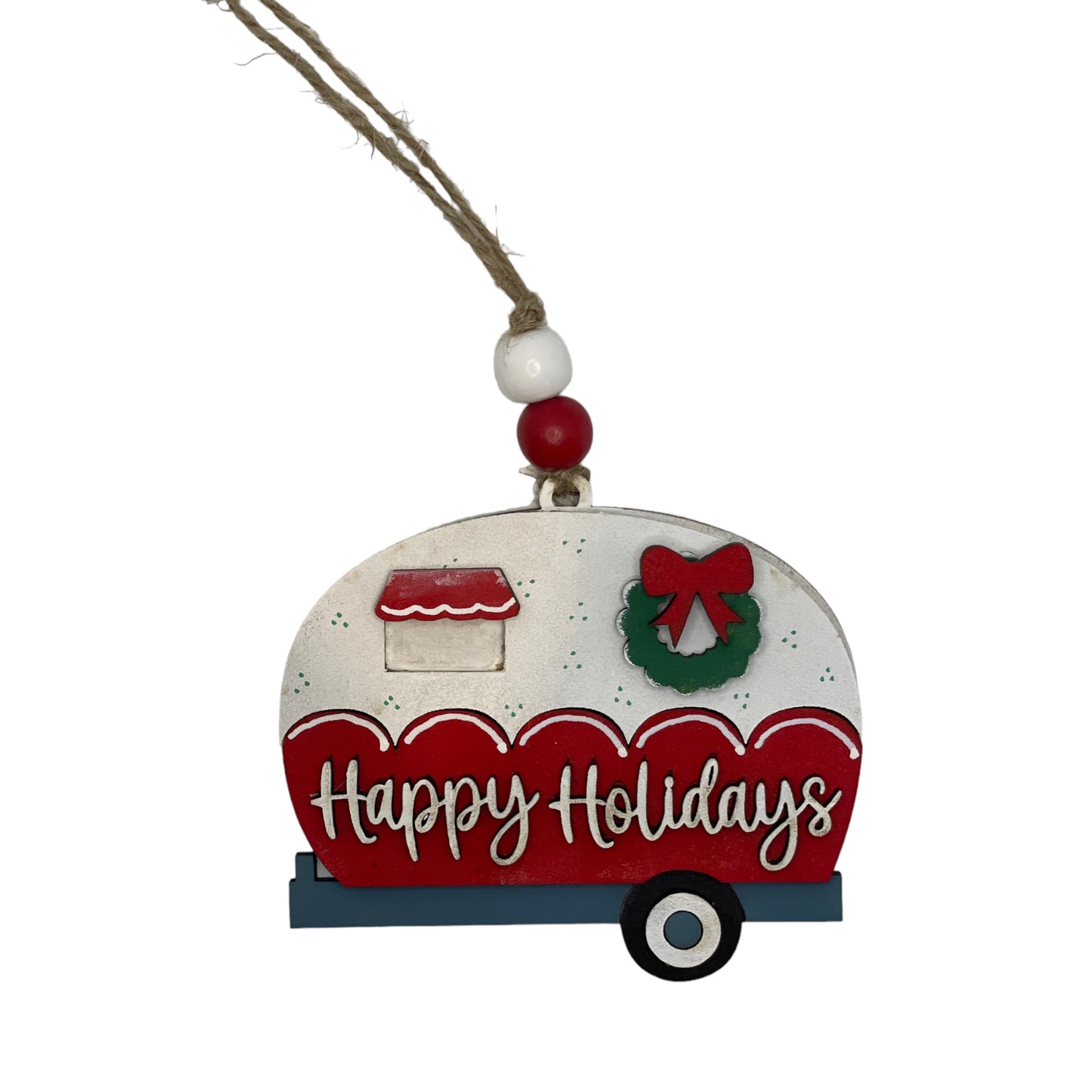 Handcrafted Christmas ornament - Happy Holidays Camper, 3.8 x 4.25 inches, made from quality wood.