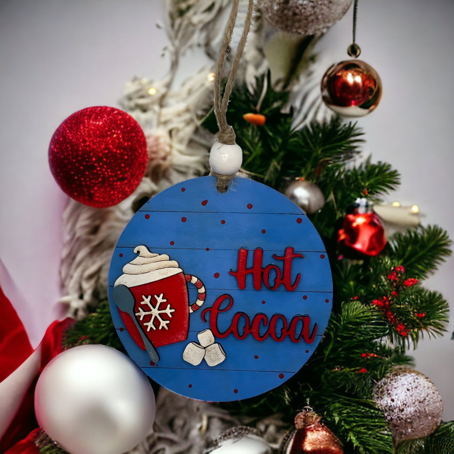 Christmas Ornament - Hot Cocoa, handcrafted wooden decoration on tree.