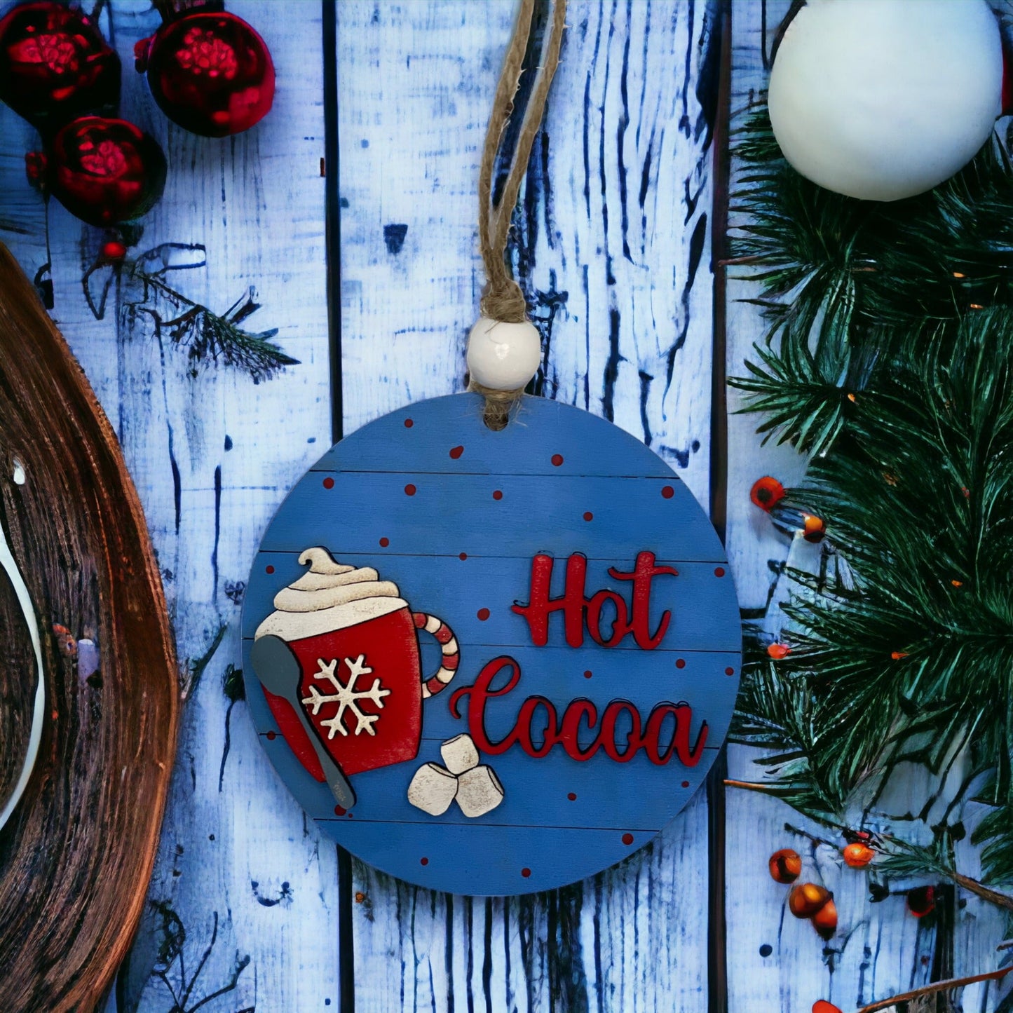Christmas ornament featuring hot cocoa design, handcrafted and hand-painted on quality wood.