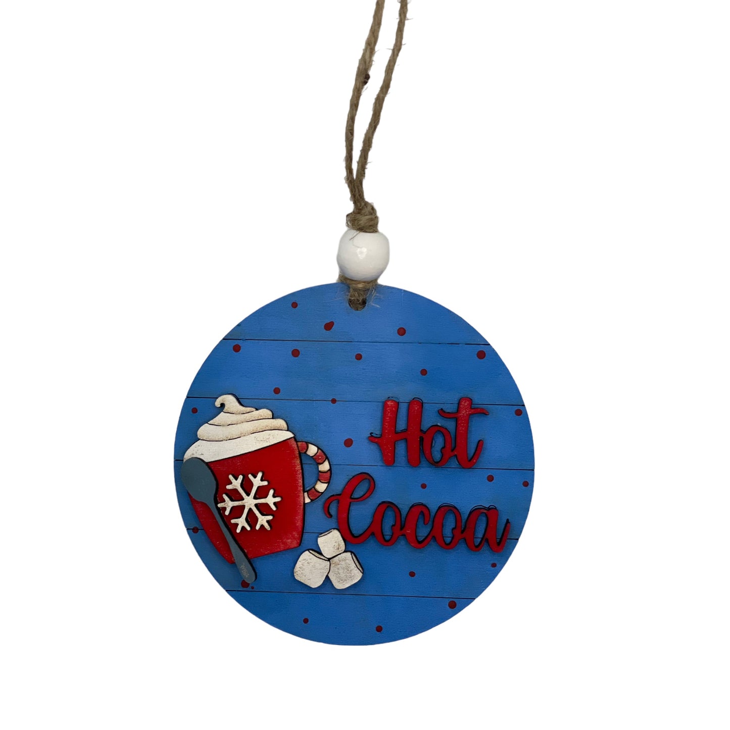 Handcrafted wood Christmas ornament with hot cocoa design, 3.43 inches round.