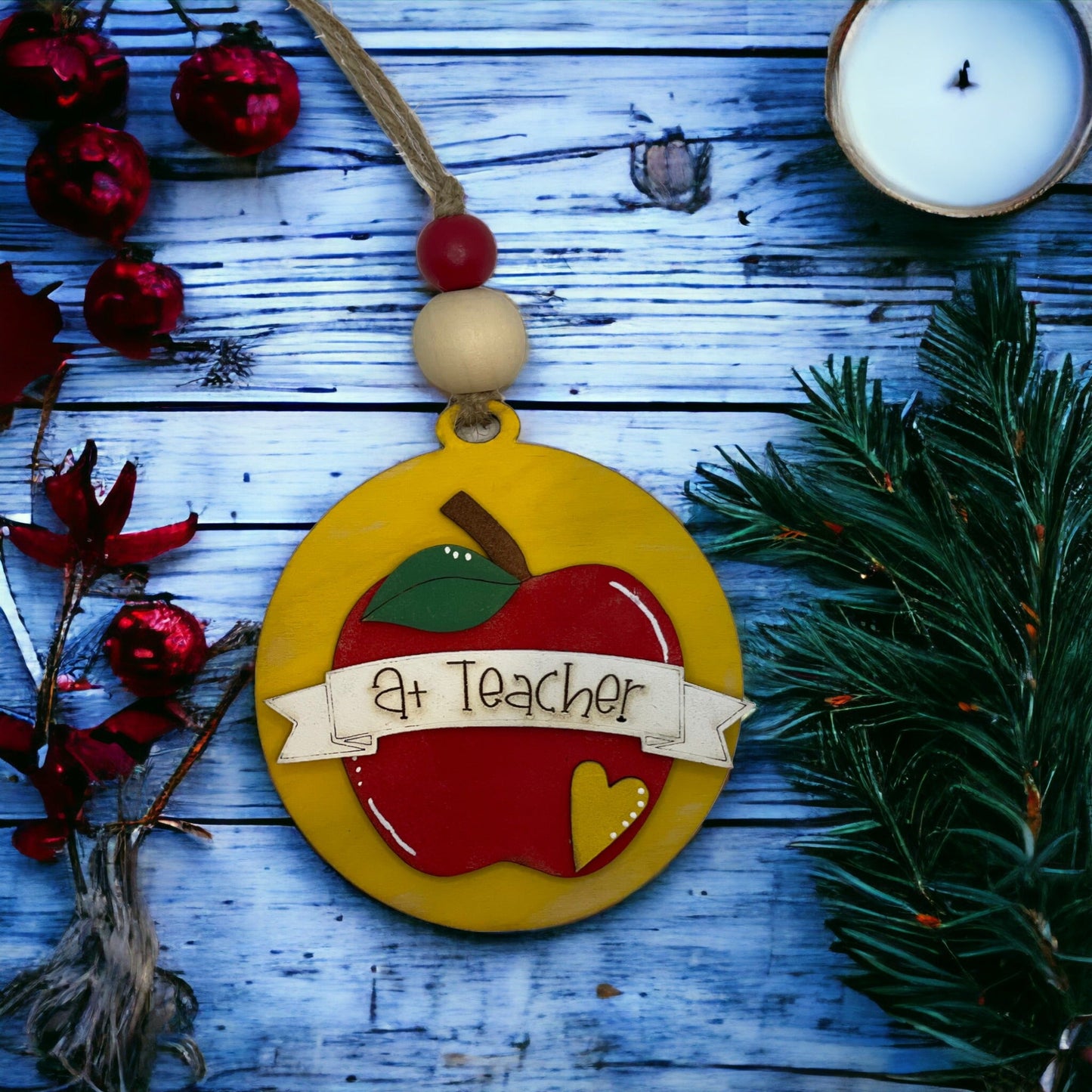 Christmas ornament for A+ teacher, handcrafted and hand-painted wood, 3.43 inches, vibrant colors.