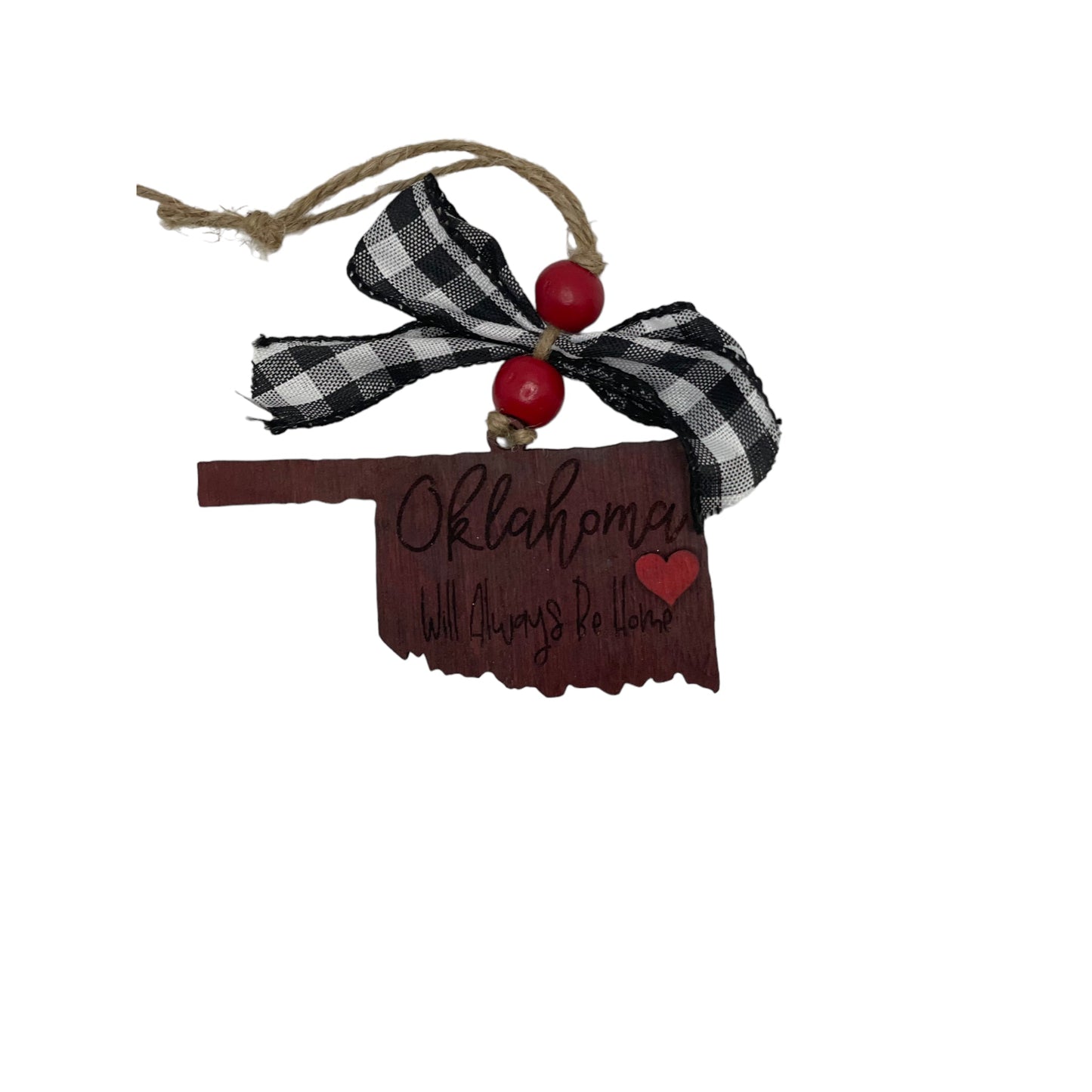 State of Oklahoma Christmas ornament with plaid ribbon and red embellishments.