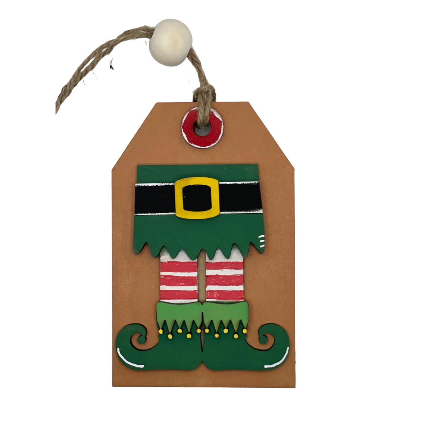 Christmas Elf Ornament with Money/Gift Card Holder, hand-sculpted and painted wood, 3x5 inches.