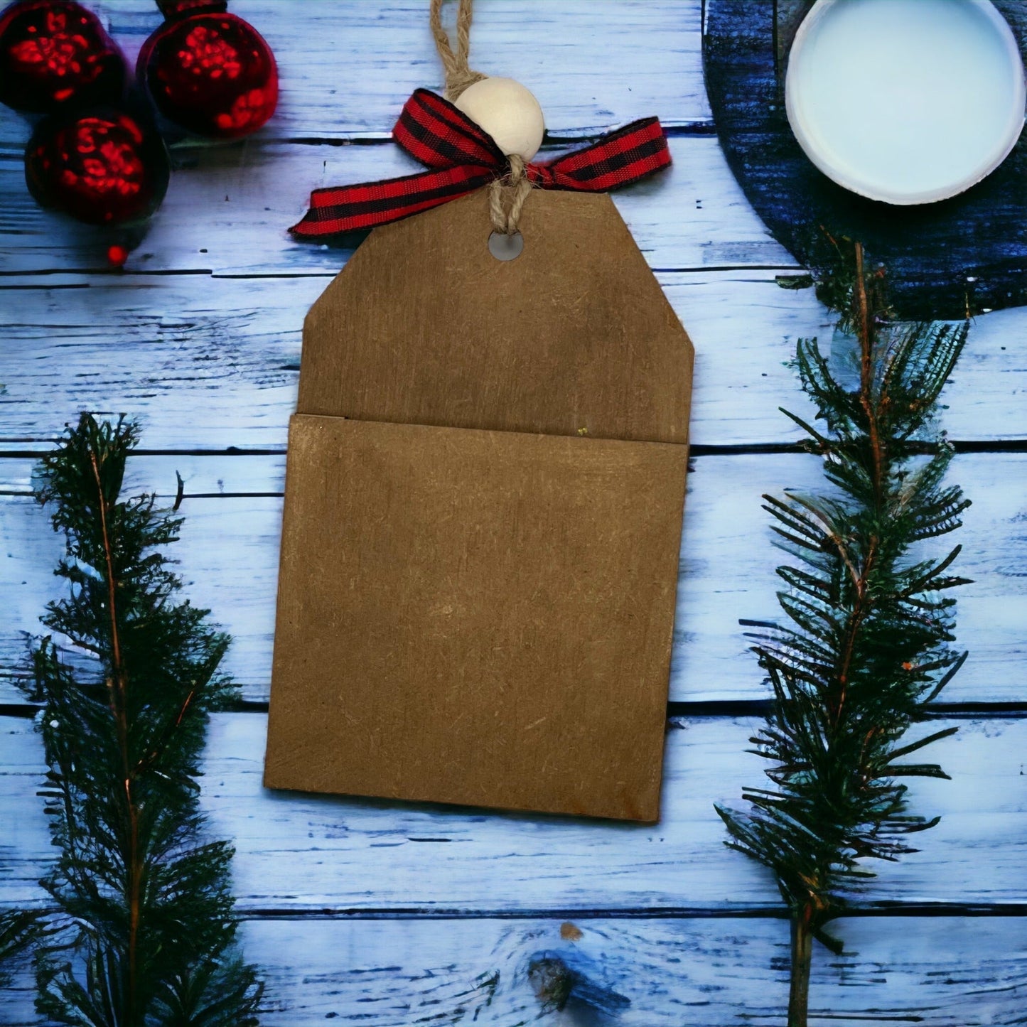 Christmas Ornament - Hand-painted wooden gift card holder with secret pocket.