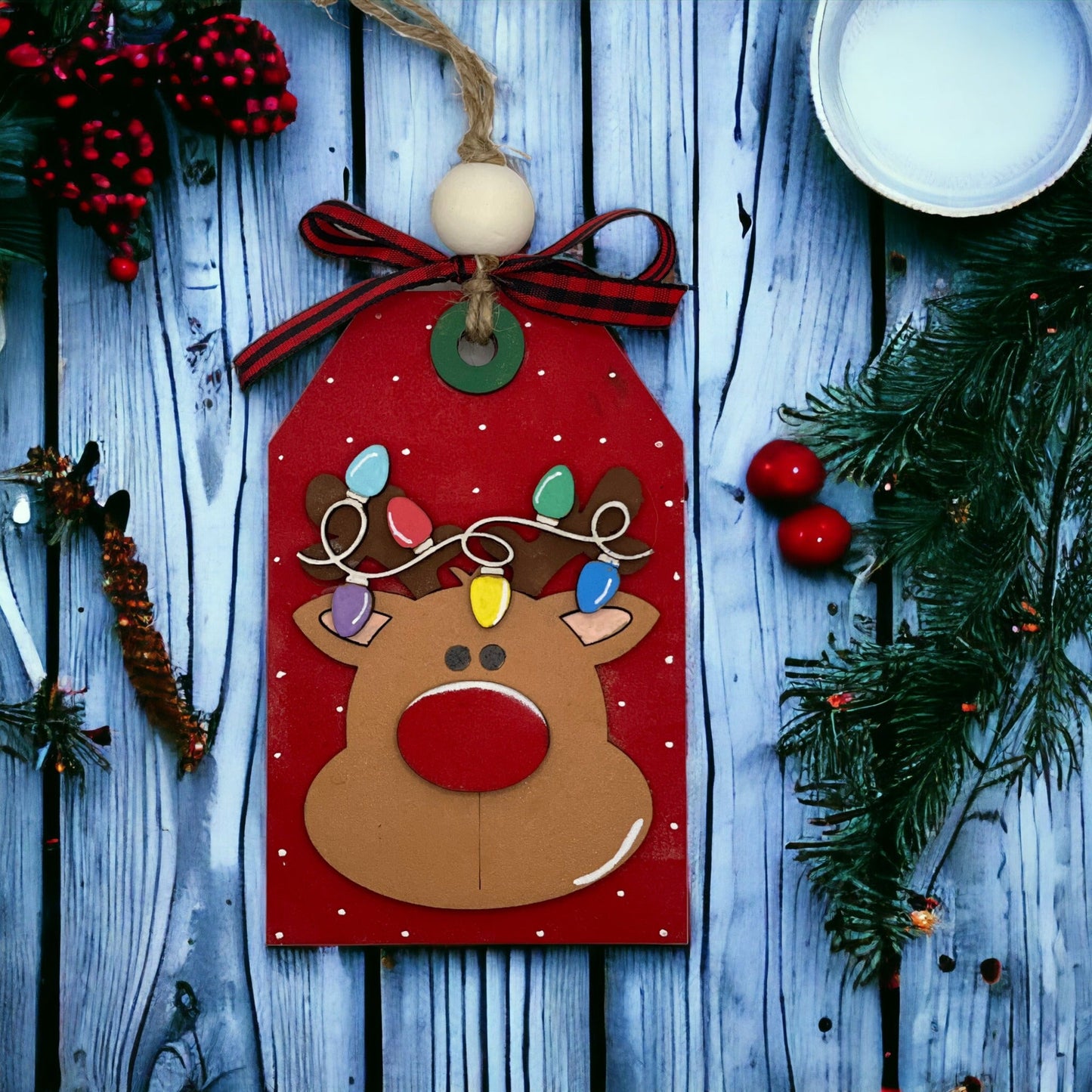 Christmas Ornament - Red Nosed Reindeer Money/Gift Card Holder, hand-sculpted wooden decor with secret pocket.