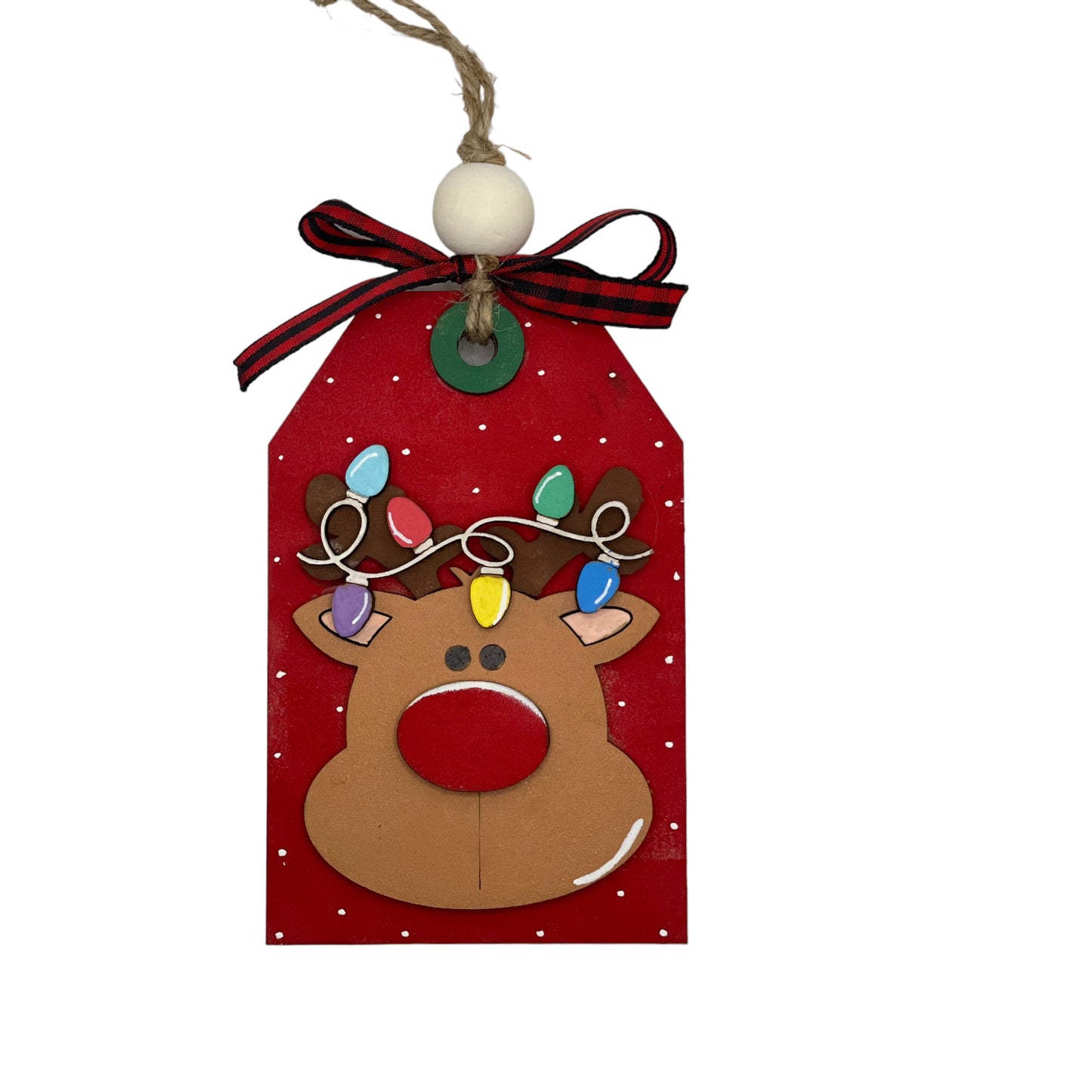 Red Nosed Reindeer Christmas Ornament with gift card holder pocket, hand-painted wood, 3x5 inches.