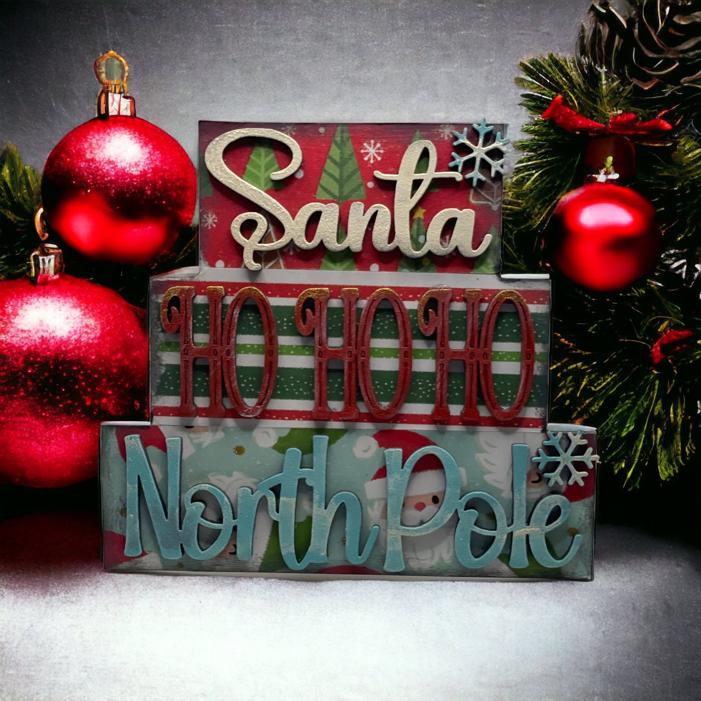Christmas Word Stackers for tiered tray decor with festive text and ornaments.