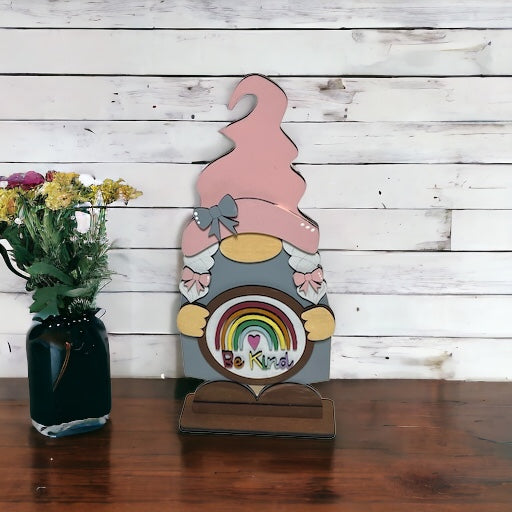 Interchangeable Standing Girl Gnome with pink hat and customizable frame.