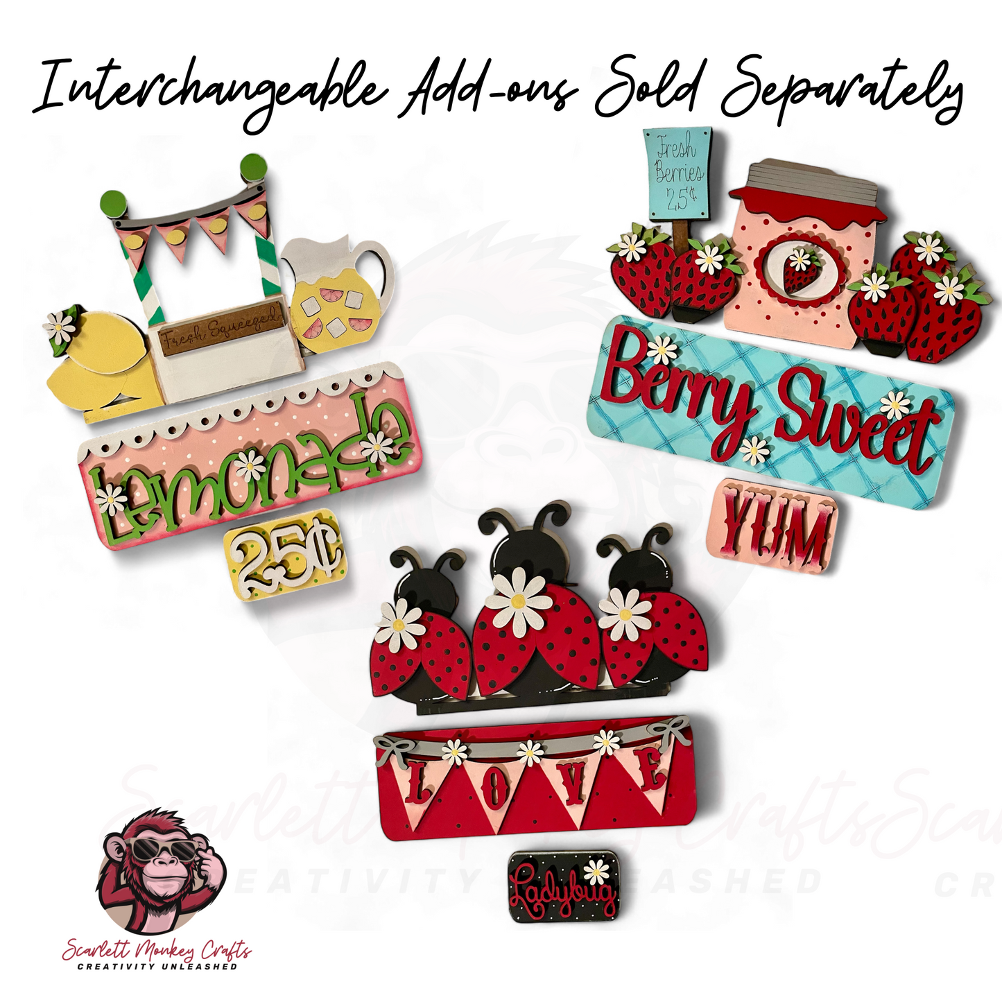 Paintable wood project featuring a farm truck interchangeable base with lemonade, berry sweet, and love themes.