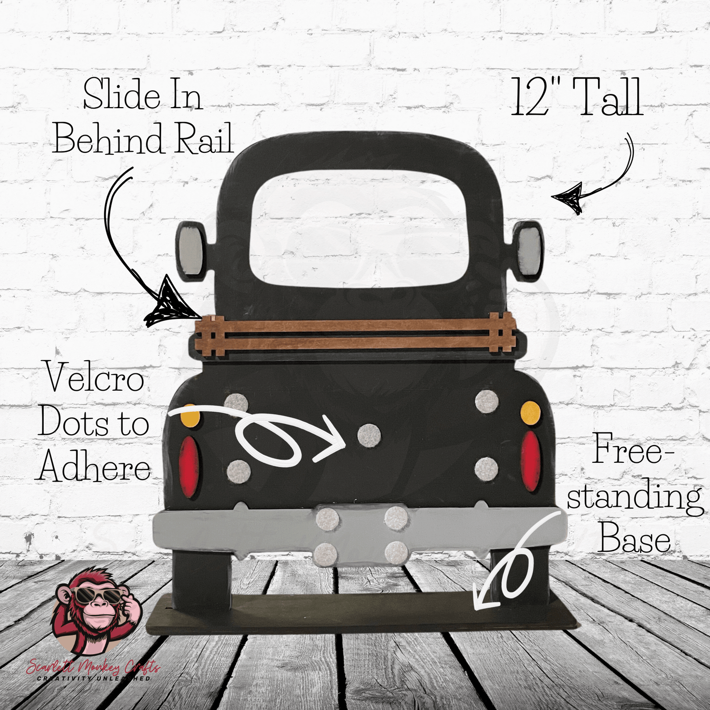 Paintable Farm Truck Interchangeable starter bundle with velcro dots and freestanding base against white brick wall background