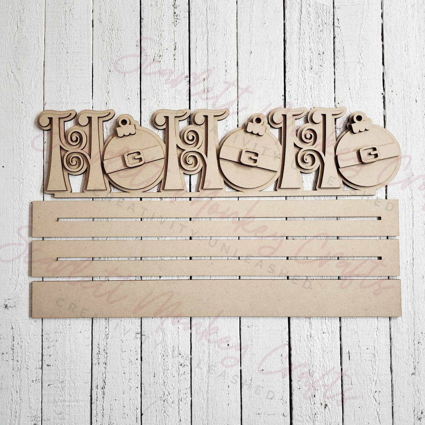 Paintable wooden project kit, standing "Ho Ho Ho" design for crafting.