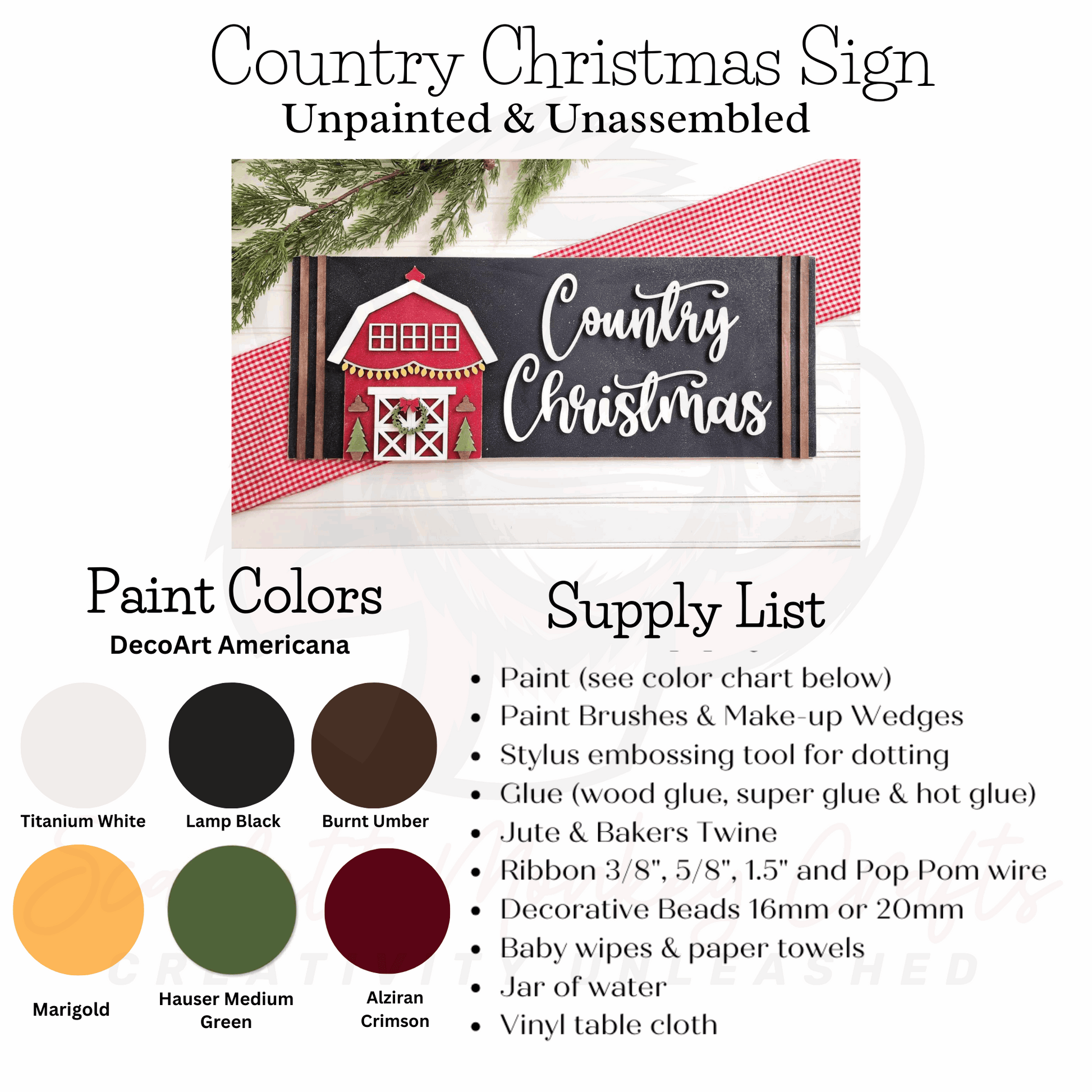 Paintable wood project kit for creating a Country Christmas sign with unpainted materials and supply list.