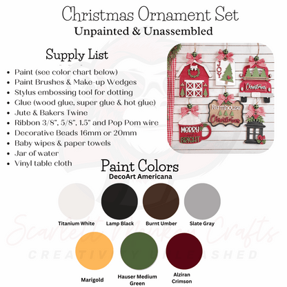 Paintable wood Christmas ornament set with color options and supply list for crafting.