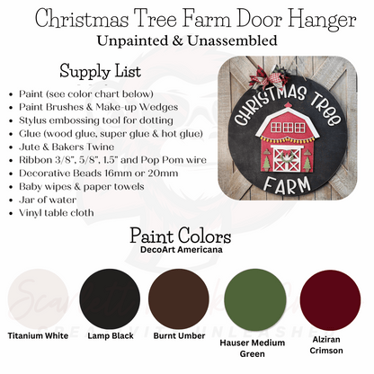 Paintable wood project Christmas tree farm door hanger kit supplies and colors.