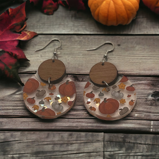 Wood and Acrylic  Pumpkin Fall Themed Earrings