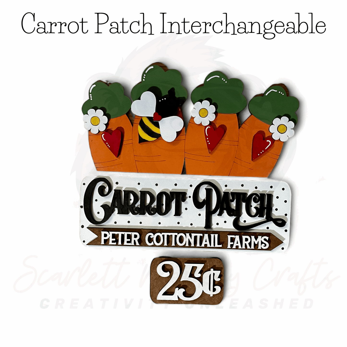 Carrot Patch Interchangeable farm truck decor with colorful carrot and bee design.