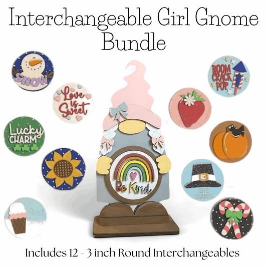 Interchangeable Standing Girl Gnome with 12 unique round inserts for home decor customization.