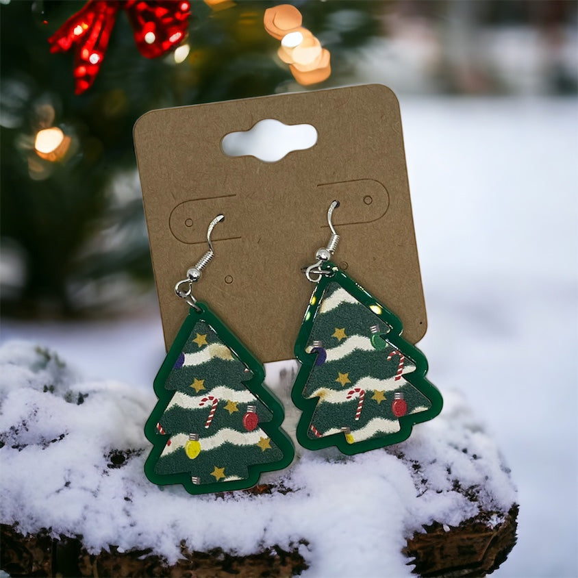 Patterned Christmas Tree Earrings w/Silver Hardware