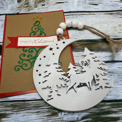 Deer and Moon Woodland Christmas Ornament