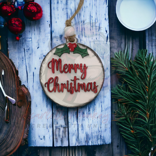 Hand-painted wooden Christmas ornament with "Merry Christmas" lettering and mistletoe, featuring natural twine for hanging.