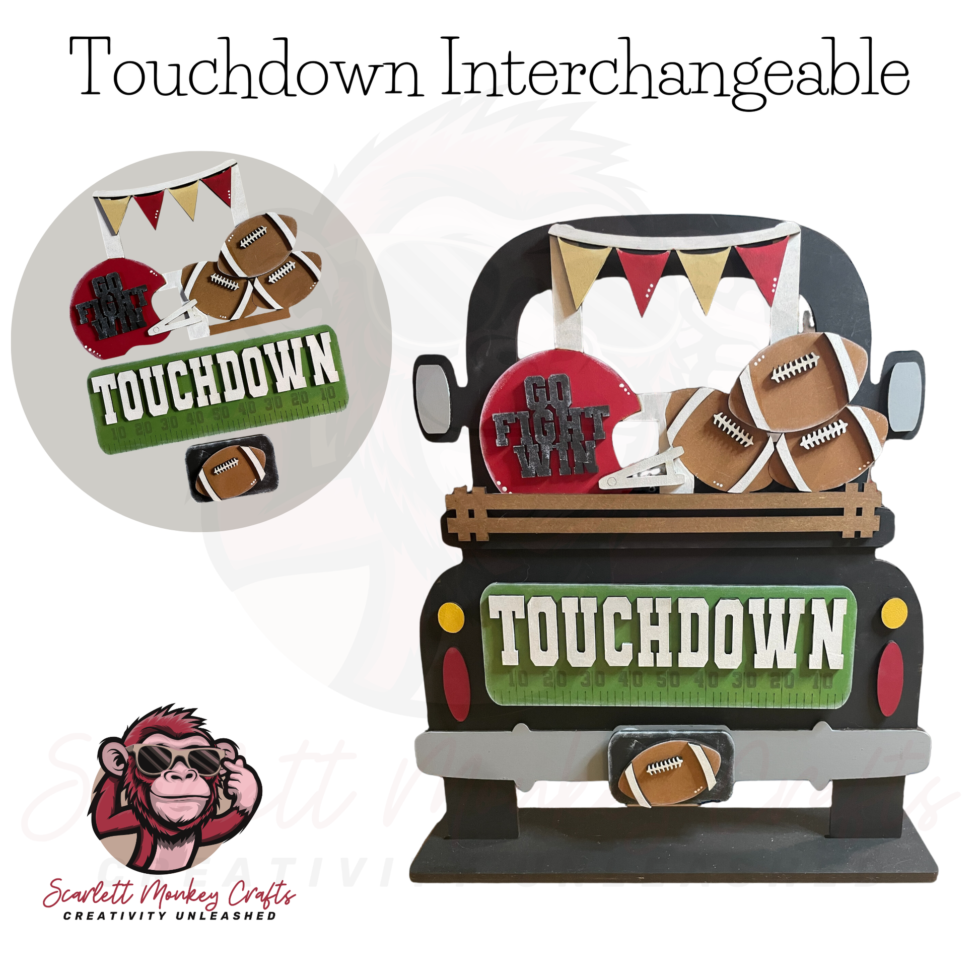 Farmhouse truck with interchangeable "Touchdown" decor set, customizable home decor piece.
