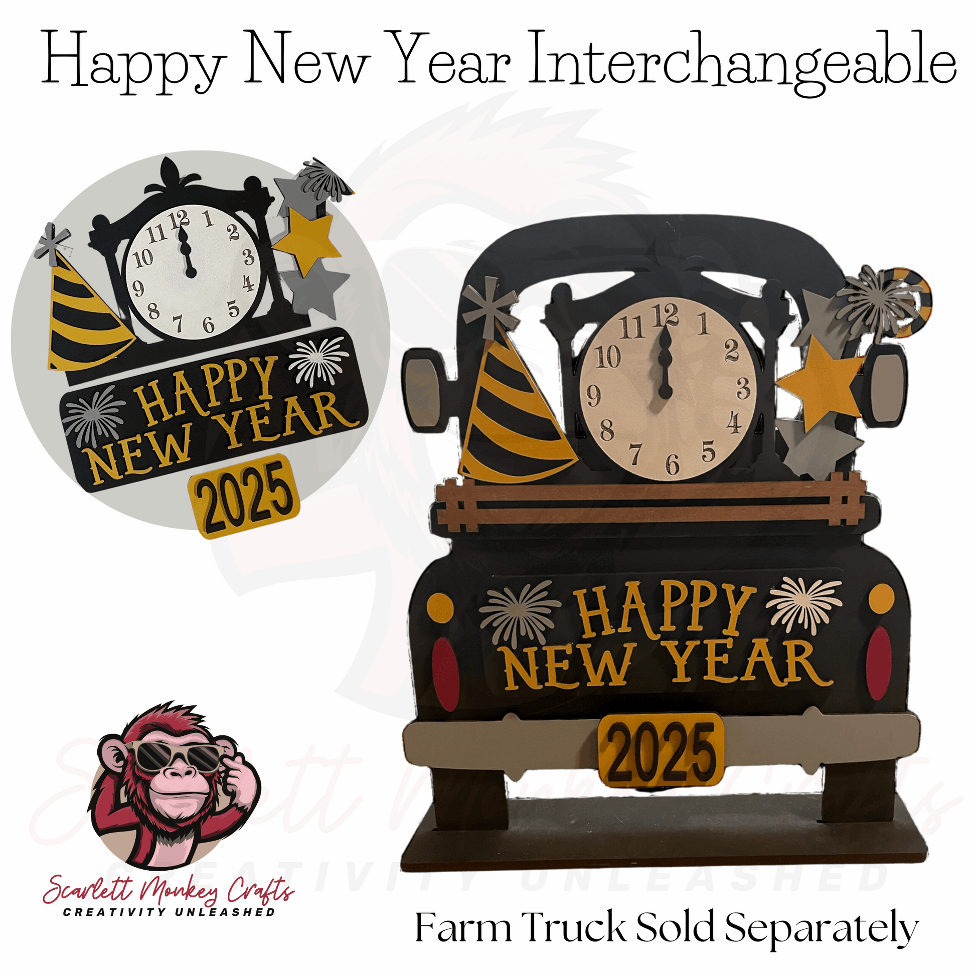 Paintable wood project, Happy New Year interchangeable MDF kit for Farm Truck display.