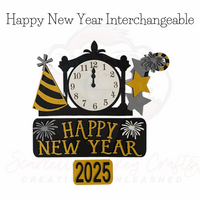 Happy New Year Interchangeable decor with clock and festive elements.