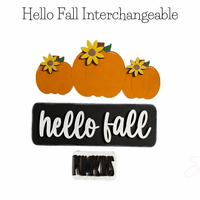 Fall Interchangeable decor with pumpkins and "hello fall" sign, Velcro attachments for seasonal use.