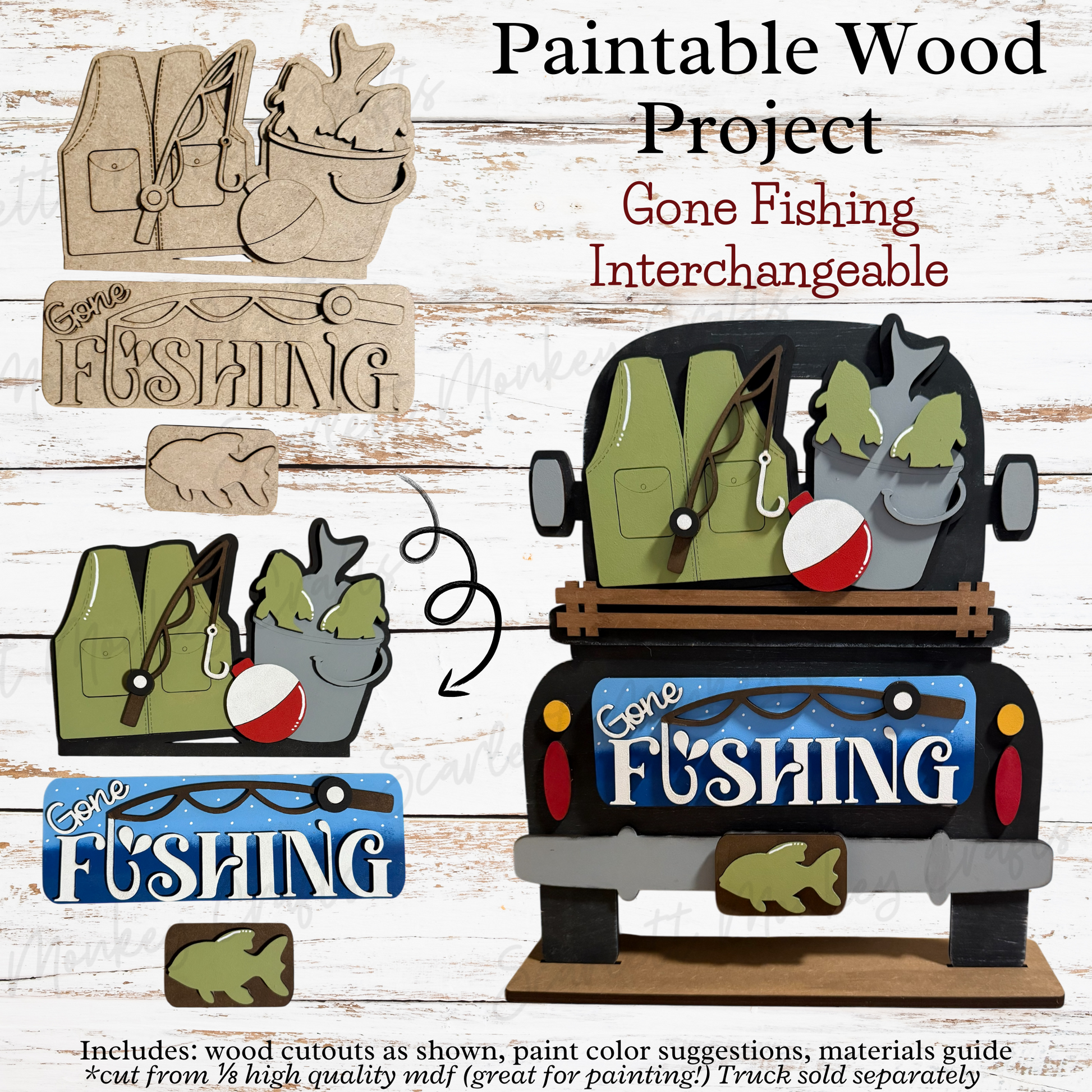 Gone Fishing Interchangeable paintable wood project with MDF cutouts for customizable Farm Truck display.