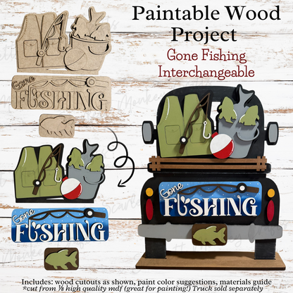 Gone Fishing Interchangeable paintable wood project with MDF cutouts for customizable Farm Truck display.
