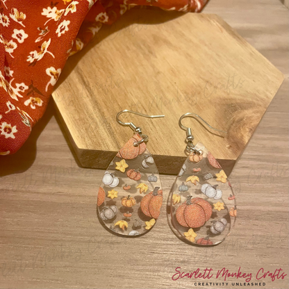 Teardrop Pumpkin Clear Patterned Acrylic Earrings