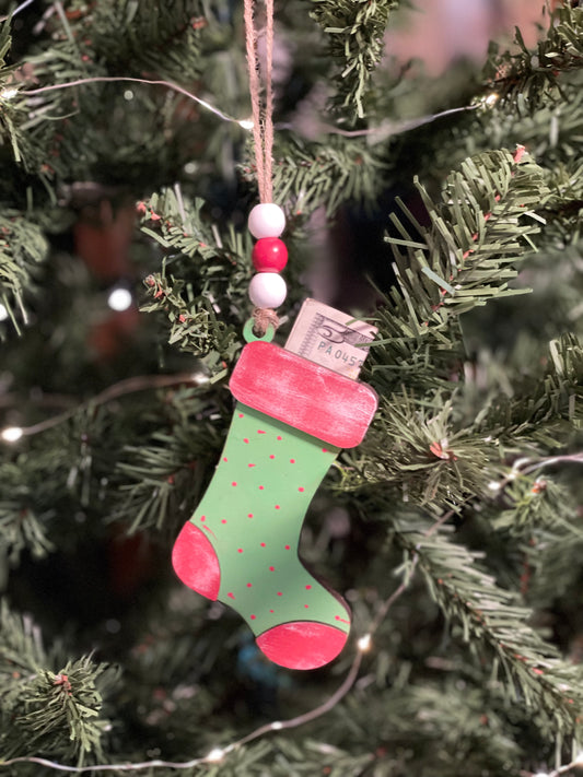 Christmas Ornament -  Money/Gift Card Holder - Green Stocking