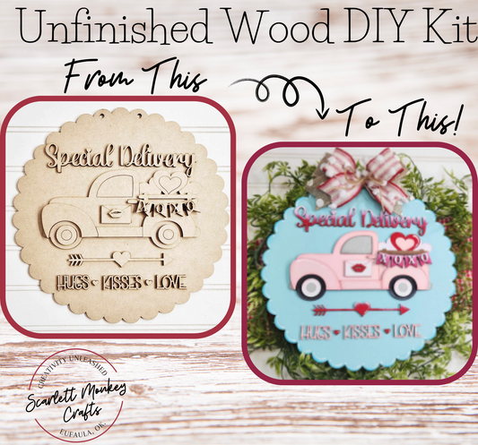 Unfinished Wood DIY Kit - Special Delivery - Valentine's Day Door Hanger