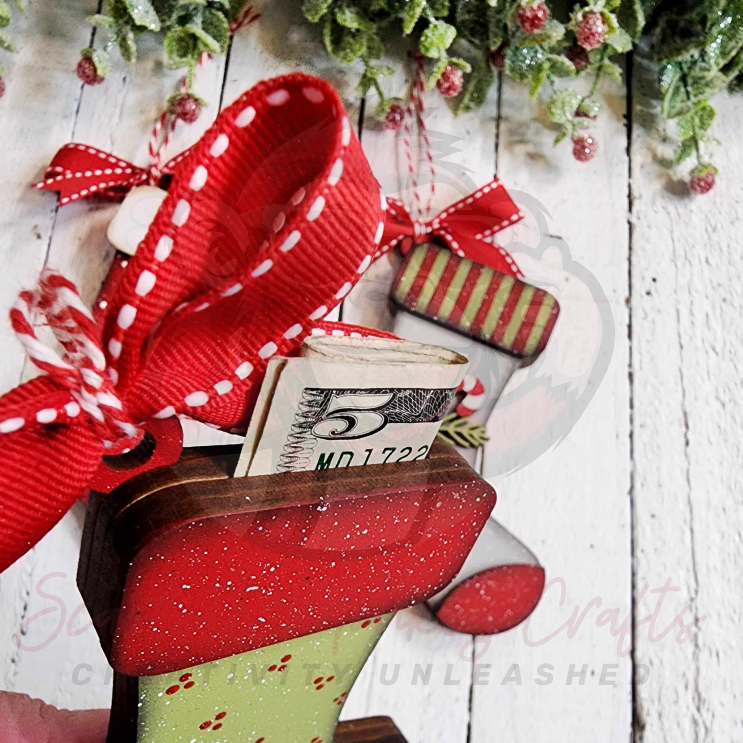 Green and Red Stocking Ornament with Money or Gift Card Holder - Painted