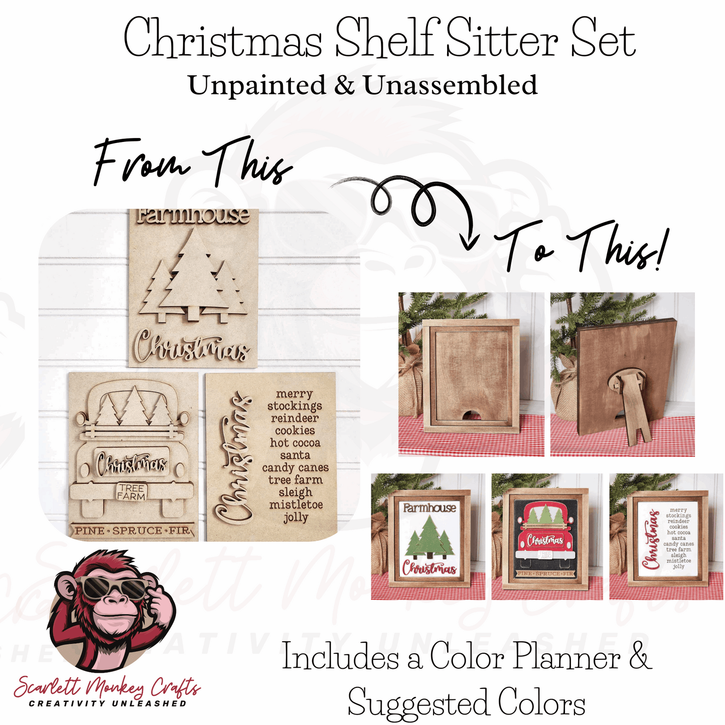 Paintable wood Christmas shelf sitter set, unpainted and unassembled craft kit with color planner.
