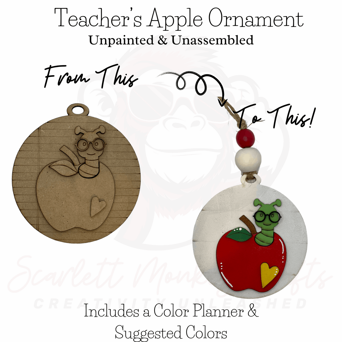 Teacher's Apple Ornament, paintable wood project with unpainted and painted versions displayed.