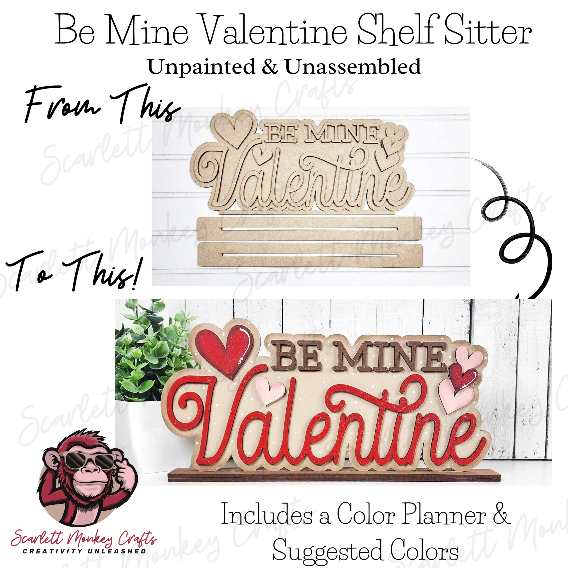 Paintable "Be Mine Valentine" wooden shelf sitter project kit.