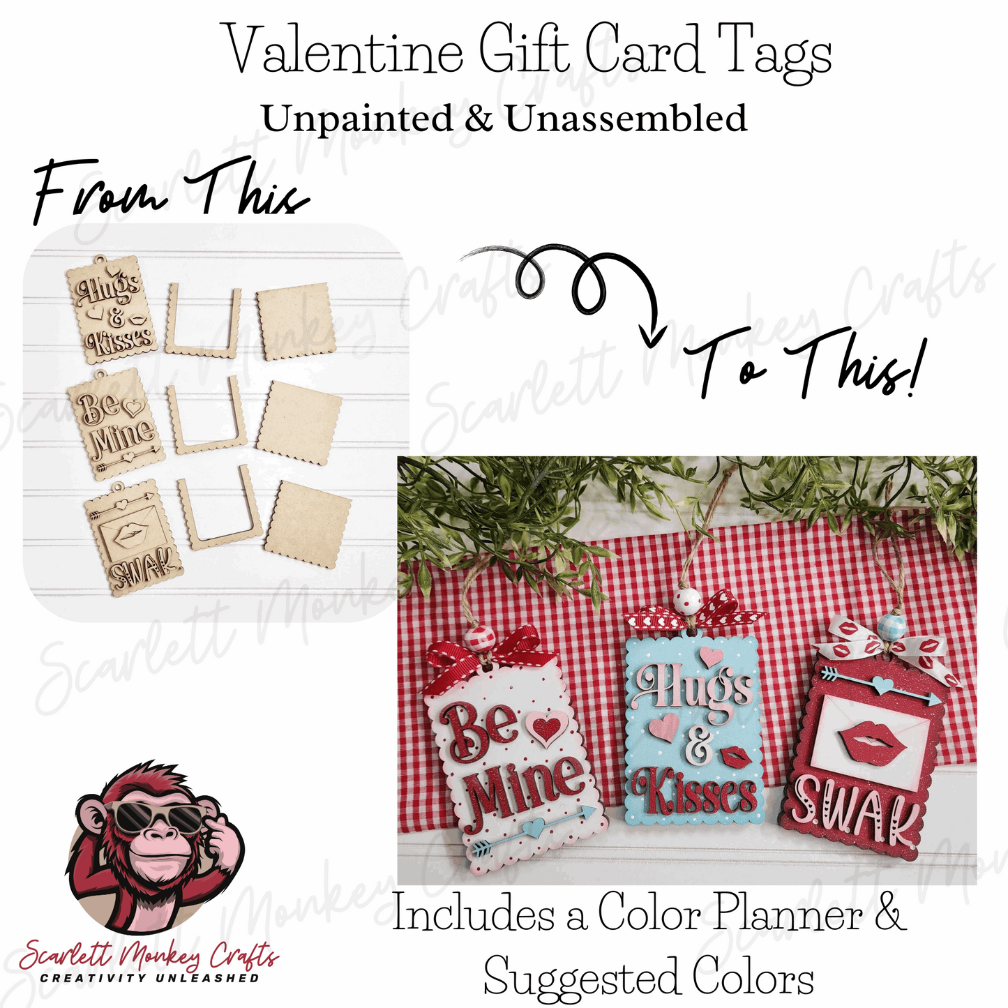 Paintable wood Valentine gift card tags, unpainted and assembled.